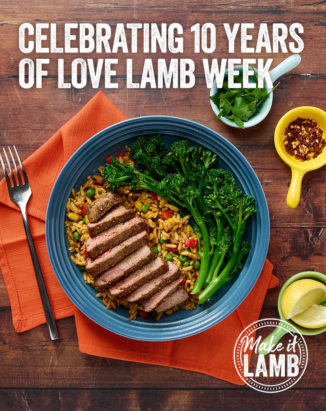 Advert featuring a lamb dish promoting 10 years of Love Lamb Week.